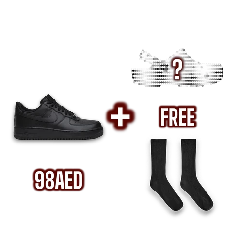 Blouherry combo deal featuring black Nike Air Force 1 sneakers, mystery Crocs, and a pair of black crew socks.