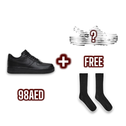 Blouherry combo deal featuring black Nike Air Force 1 sneakers, mystery Crocs, and a pair of black crew socks.