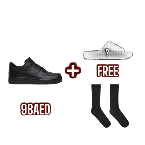 Blouherry combo deal featuring black sneakers, a pair of black socks, and a mystery pair of slides.