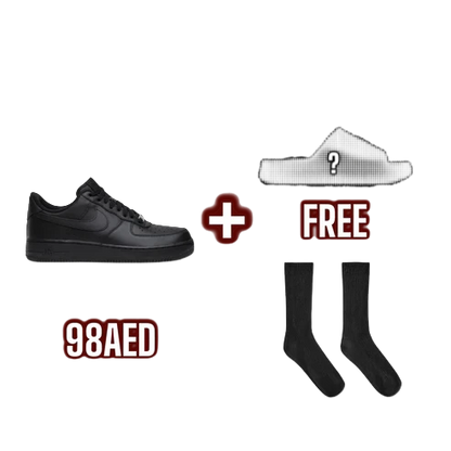 Blouherry combo deal featuring black sneakers, a pair of black socks, and a mystery pair of slides.