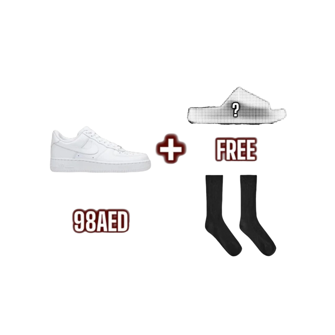 Blouherry combo deal featuring white sneakers, a mystery slide, and black socks for 98 AED.
