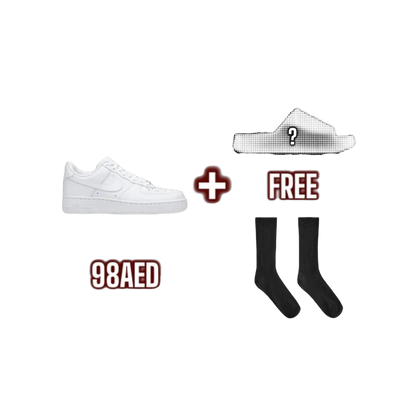 Blouherry combo deal featuring white sneakers, a mystery slide, and black socks for 98 AED.
