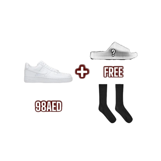 Blouherry combo deal featuring white sneakers, a mystery slide, and black socks for 98 AED.