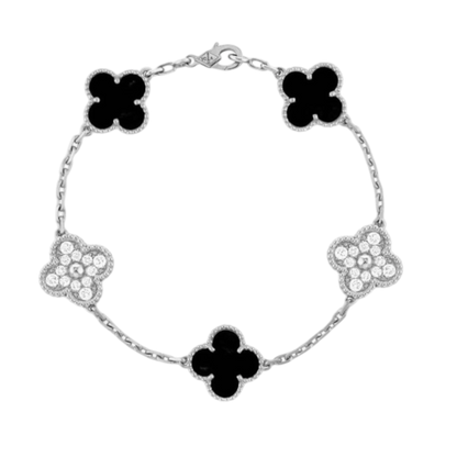 VCA Vintage Alhambra bracelet, 5 motifs, rhodium plated onyx, round diamonds